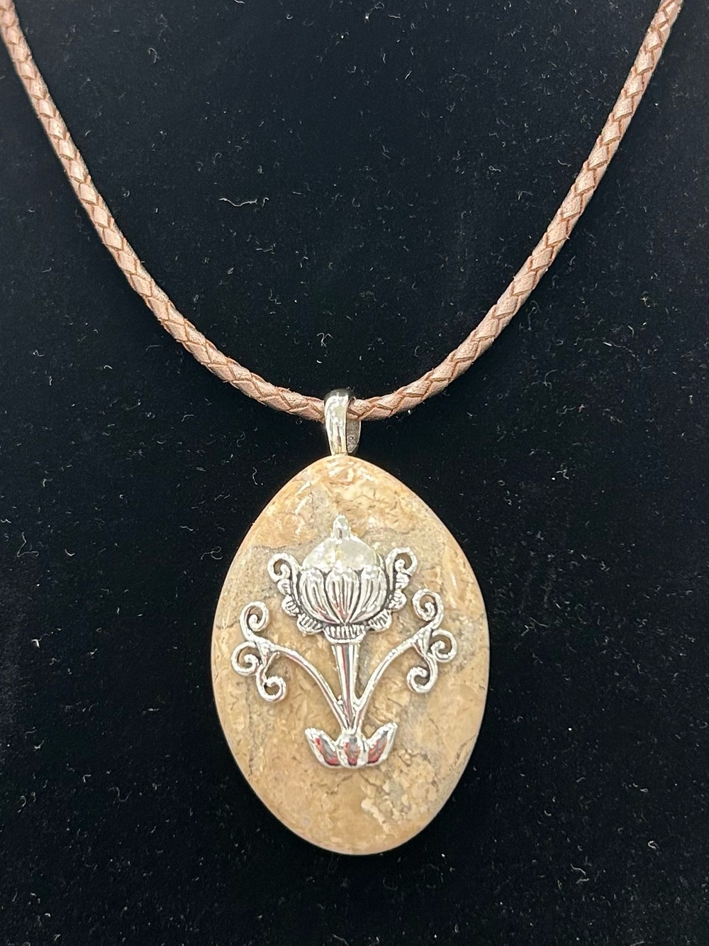 Barse Jasper Stone Pendant Necklace with Silver Floral Accent